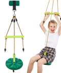 Child on green Disc Swing With Monkey Bars For Backyard Playground Set Heavy Duty Rope Swing Seat With Carabiner and 22 Inch Hanging Straps