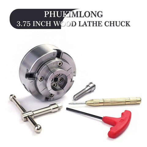 Beefy 3.75 Inch 4 Jaw Self Centering Scroll Chuck For Wood Lathe With 1 Inch 8 TPI Thread, tools including center punch, wrenches