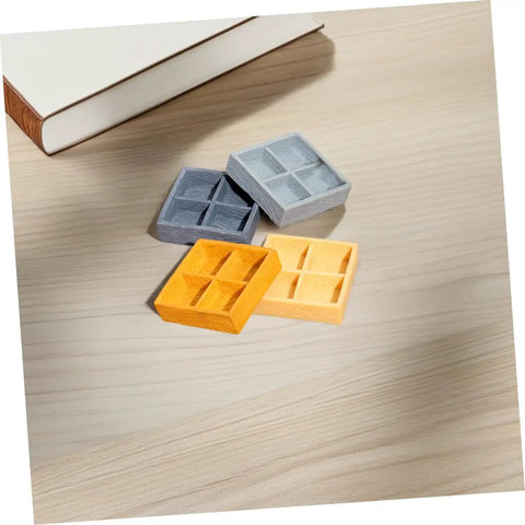 Awesome Four Grid Miniature Dollhouse Storage Box Set, realistic resin compartments for micro landscape decor, on a wooden table
