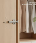 Push To Open Cabinet Latch With Quick Rebound Mechanism for handle-free doors installed inside a cabinet frame with wardrobe view.