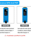 Comparison of photoelectric sensor switches with NPN NO and PNP NO options, highlighting differences in black wire outputs.
