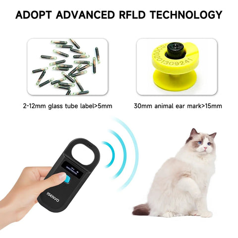 Rechargeable Pet Microchip Scanner RFID EMID Reader 134 2kHz And 125kHz Chip Detector shown scanning cat