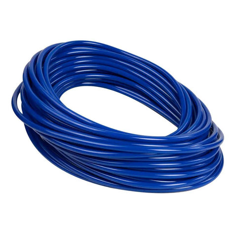 Coiled heavy duty 50 foot 10 gauge indoor outdoor extension cord with lighted ends 125 volt 15 amp 1875 watt UL listed, blue color.