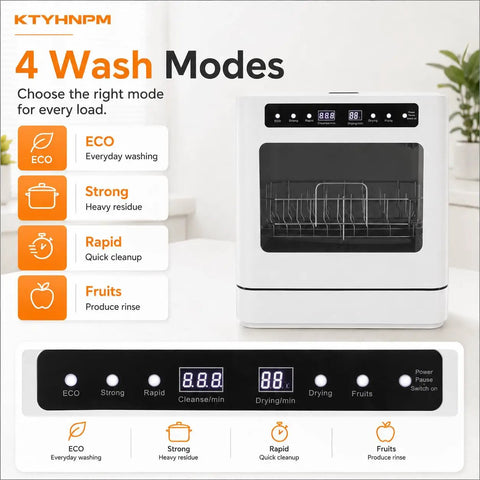 Slick Compact Countertop Dishwasher With Easy Touch Interface And Four Custom Cycles For Zero Sweat Cleaning In Tight Spots Like Apartments And RV Camping Using Dual Spin 360 Degree Blast Arms For Serious Grease Cutting Power with four wash mode icons.