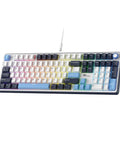 Wired Full Size Mechanical Gaming Keyboard with 104 Keys and Premium Metal Volume Knob Featuring Five Layer Sound Dampening for Hella Smooth Taps and Fire Rapid Response Time from a side angle.