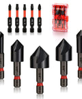 M35 Cobalt TiAlN Coated Countersink Drill Bit Set Built For Heavy Duty Jobs With Five Sizes One Quarter, Three Eighths, One Half, Five Eighths, And Three Quarters Inch For Wood Metal And Plastic Plus Two Inch Magnetic Screwdriver Bits Pack