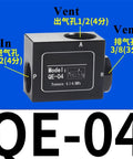 Solid QE 04 Pneumatic Air Quick Exhaust Valve Made From Durable Aluminum showing input and vent ports on a black valve.