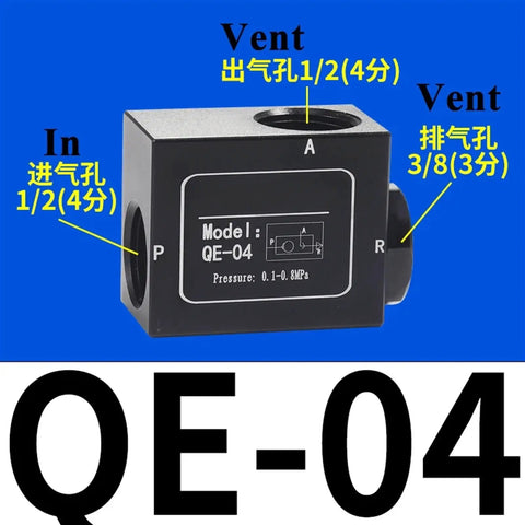 Solid QE 04 Pneumatic Air Quick Exhaust Valve Made From Durable Aluminum showing input and vent ports on a black valve.