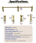 Specifications for 4 Pack Unlacquered Antique Brass Gallery Rails For Shelving featuring dimensions and installation details.