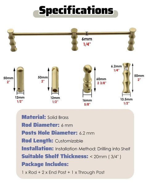 Specifications for 4 Pack Unlacquered Antique Brass Gallery Rails For Shelving featuring dimensions and installation details.