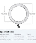 Diagram of Dimmable 18 Inch LED Ring Light With 55W Output 5500K Daylight, displaying dimensions and specifications.