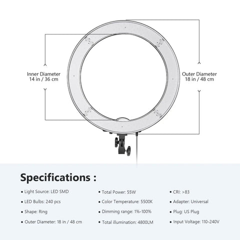 Diagram of Dimmable 18 Inch LED Ring Light With 55W Output 5500K Daylight, displaying dimensions and specifications.