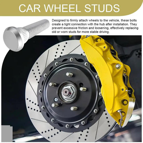 Rock Solid Extended Wheel Studs 10Pc Set M12x1.5 Threading 49Mm Reach Tough Steel installed on a brake rotor.
