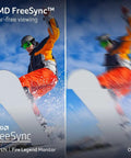 Comparison image showing AMD FreeSync technology on a snowboarder, highlighting smooth motion with the Ultra Thin 21.5 Inch Full HD IPS Monitor With Zero Frame Design AMD FreeSync Technology 100Hz Refresh Rate 1ms TVR Tilt HDMI And VGA Ports Desk Ready For Gaming And Office.