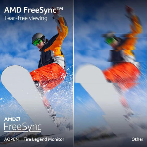 Comparison image showing AMD FreeSync technology on a snowboarder, highlighting smooth motion with the Ultra Thin 21.5 Inch Full HD IPS Monitor With Zero Frame Design AMD FreeSync Technology 100Hz Refresh Rate 1ms TVR Tilt HDMI And VGA Ports Desk Ready For Gaming And Office.