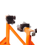 Close-up of Universal Adjustable Rear Paddock Stand for Motorcycle with swingarm rest, rustproof powder coated steel and anti-slip pads