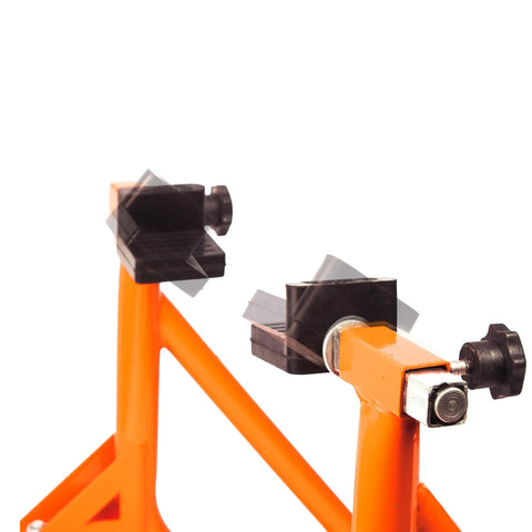 Close-up of Universal Adjustable Rear Paddock Stand for Motorcycle with swingarm rest, rustproof powder coated steel and anti-slip pads