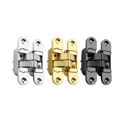 Hidden Multi Size Door Hinges With Screws For Furniture Hardware Invisible Folding Hinge Built To Last Heavy Duty Soft Close With Silent Hydraulic Buffer For Wood And Aluminum Doors in silver, gold, and black finishes.