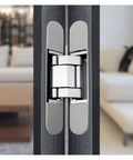 Premium 3D Adjustable Hidden Cross Hinge for Wood Doors and Gates Self-Closing Silent Operation Heavy Duty Zinc Alloy showcasing installation.