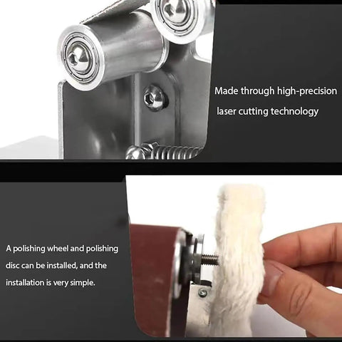 This Awesome Mini Electric Belt Sander Features 7 Speed Options And Reverse Switch For Smooth Knife Making And DIY Projects Adjustable RPM From 4000 To 9000 with precision rollers and polishing wheel installation.