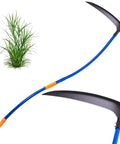 20 Inch Sickle Tool With Curved Stainless Steel Pole, Adjustable Dual Hand Grip, and Pro Grade Blade shown in close-up with grass
