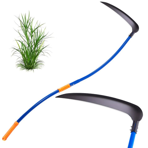 20 Inch Sickle Tool With Curved Stainless Steel Pole, Adjustable Dual Hand Grip, and Pro Grade Blade shown in close-up with grass