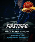 Person working under car hood with '30 months warranty' badge, emphasizing quality, reliance, and persistence from FIRSTINFO.