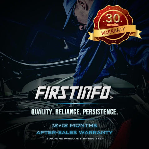 Person working under car hood with '30 months warranty' badge, emphasizing quality, reliance, and persistence from FIRSTINFO.