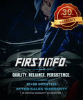 Mechanic working under car hood with 30-month warranty badge and FIRSTINFO logo displayed prominently.