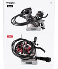 Heavy Duty Hydraulic Disc Brake Kit For Mountain Bikes Featuring Crisp Dual Piston Calipers weighing 553g on a scale with black and red options.