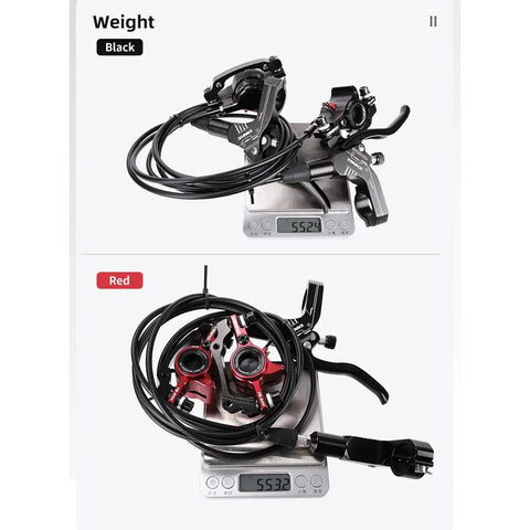Heavy Duty Hydraulic Disc Brake Kit For Mountain Bikes Featuring Crisp Dual Piston Calipers weighing 553g on a scale with black and red options.