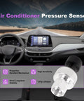 Chevy GMC Air Conditioning Pressure Sensor Switch Replacement For 2002 To 2021 Chevy, 2003 To 2021 GMC, Buick, Saturn Vehicles With OE 13587668, Upgraded HVAC Transducer For Cooler, Smoother AC Performance, shown in vehicle dashboard setting.