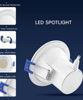 Top Shelf 3 Inch Led Recessed Ceiling Lights With Junction Box, Five Way Cct Switch, 8W 840 Lumen Output, Dimmable Canless Downlight, Wet Ic Rated For No Sweat Setup, Hella Bright Finish, Real Deal Lighting, 12 Pack showing white round spotlight design.