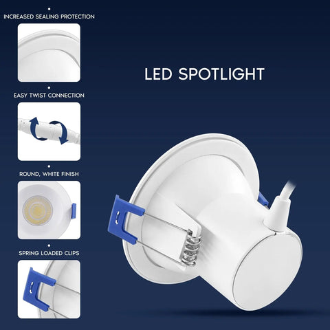 Top Shelf 3 Inch Led Recessed Ceiling Lights With Junction Box, Five Way Cct Switch, 8W 840 Lumen Output, Dimmable Canless Downlight, Wet Ic Rated For No Sweat Setup, Hella Bright Finish, Real Deal Lighting, 12 Pack showing white round spotlight design.