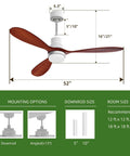 Diagram showing 52 inch ceiling fan with lights, remote control, quiet reversible DC motor for indoor and outdoor use.
