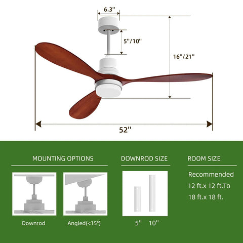 Diagram showing 52 inch ceiling fan with lights, remote control, quiet reversible DC motor for indoor and outdoor use.