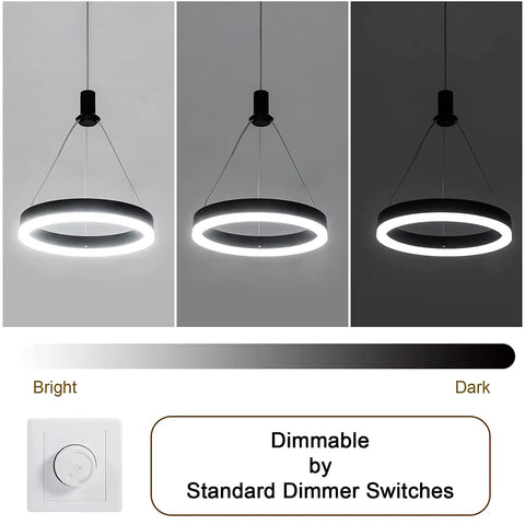 Dimmable LED Pendant Light For Kitchen Island And Dining Room With 59 Inch Adjustable Cord 15W Black One Ring Chandelier 4000K