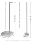 Heavy Duty Stainless Steel Pooper Scooper Set With 33.4 Inch Upright Dustpan And Spade For Indoor Outdoor Pet Waste Cleanup No Fuss Easy Wash Rustproof Durability Extra Long Handle Ergonomic Comfort For Quick Cleanup showcasing dimensions and design.