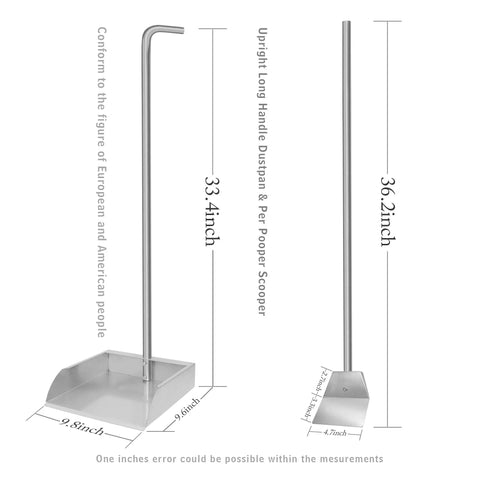 Heavy Duty Stainless Steel Pooper Scooper Set With 33.4 Inch Upright Dustpan And Spade For Indoor Outdoor Pet Waste Cleanup No Fuss Easy Wash Rustproof Durability Extra Long Handle Ergonomic Comfort For Quick Cleanup showcasing dimensions and design.