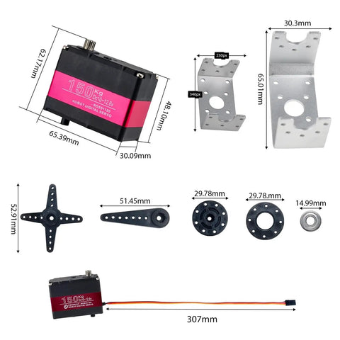 Beefy 150Kgm Heavy Hitter Digital Servo Motor 12V IP66 with metal gears and U bracket, parts layout for robotics setup.