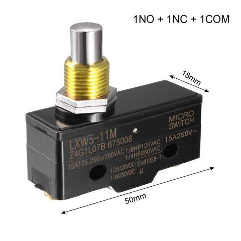 Panel Mount Snap Button Micro Limit Switch With 1NO 1NC, Rated 15A 125 250 380 VAC, black housing, gold button, side view with dimensions