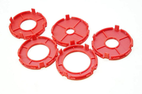 Premium Router Table Insert Ring Set With Five Zero Clearance Inserts For Dead Nuts Alignment And Slick Routing, red plastic rings.