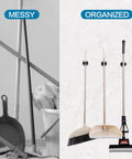 Comparison of messy versus organized tools using a Six Piece Stainless Steel Broom And Mop Holder Set With Wall Mount Screws Boss Grade Heavy Duty Matte Black Tool Organizer Rack For Brooms Mops Rakes And Shovels Handles.
