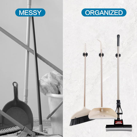 Comparison of messy versus organized tools using a Six Piece Stainless Steel Broom And Mop Holder Set With Wall Mount Screws Boss Grade Heavy Duty Matte Black Tool Organizer Rack For Brooms Mops Rakes And Shovels Handles.