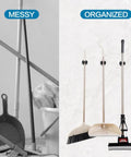 Heavy Duty Broom And Mop Holder Set 3 Piece Wall Mounted Tool Organizer Rack Stainless Steel Matte Black Kitchen Garage Utility Hanger For Rake Shovel And Garden Tools showing messy vs organized storage with brooms and mop.