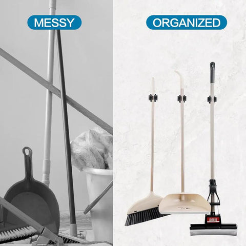 Heavy Duty Broom And Mop Holder Set 3 Piece Wall Mounted Tool Organizer Rack Stainless Steel Matte Black Kitchen Garage Utility Hanger For Rake Shovel And Garden Tools showing messy vs organized storage with brooms and mop.