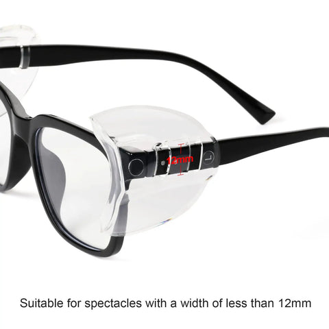 Slip On Clear Side Shields For Prescription Glasses, Soft TPU Cushioned Eyewear Protectors attached to black frames, fit 12mm