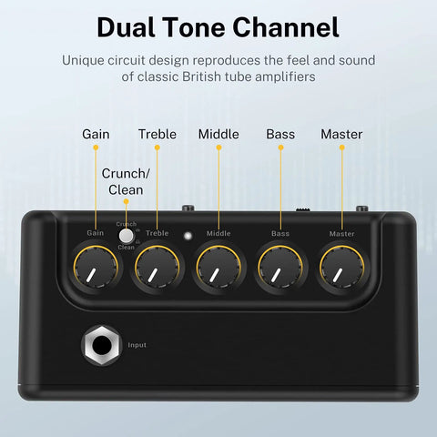 Top view of Portable 5W Mini Guitar Amp For Practice Jam Ready Compact Electric Guitar Amplifier with tone control knobs