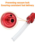 Close-up of red gas fuel tank cap with vent breather tube for 50cc to 125cc ATV quad, fits Tao Tao, Coolster, and other brands.