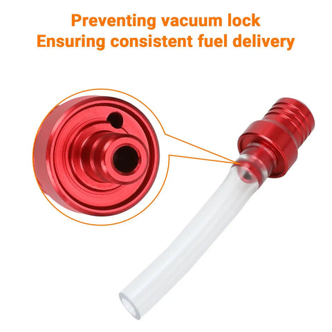 Close-up of red gas fuel tank cap with vent breather tube for 50cc to 125cc ATV quad, fits Tao Tao, Coolster, and other brands.